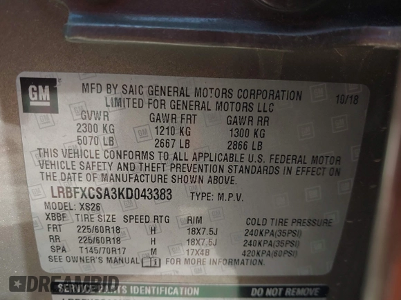 2019 Buick Envision Essence with VIN LRBFXCSA3KD043383, listed as a IAAI auction lot 42031599 with 96,754 mi miles and . Bid and sale history available at carsss.com. Image 9.