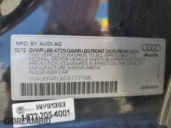 2012 Audi A4 2.0T Premium Plus with VIN WAUEFAFL6CA117704, listed as a Copart auction lot 68138614 with 90,938 mi miles and Salvage Title. Bid and sale history available at carsss.com. Image 14.