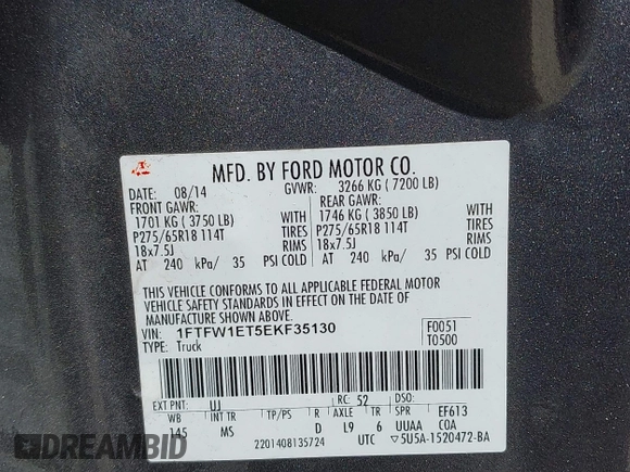 2014 Ford F-150 XL with VIN 1FTFW1ET5EKF35130, listed as a IAAI auction lot 42035925 with 229,521 mi miles and . Bid and sale history available at DreamBid. Image 9.