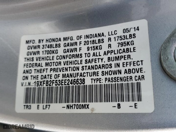 2014 Honda Civic Sedan LX with VIN 19XFB2F53EE246638, listed as a Copart auction lot 45375785 with 117,898 mi miles and Salvage Title. Bid and sale history available at carsss.com. Image 14.
