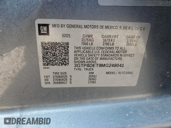 2021 GMC Sierra 1500 with VIN 3GTP8DET9MG248041, listed as a Copart auction lot 47793535 with Not Provided miles and Salvage Title. Bid and sale history available at DreamBid. Image 13.
