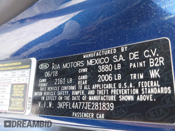 2018 Kia Forte LX with VIN 3KPFL4A77JE281839, listed as a IAAI auction lot 42012006 with 134,675 mi miles and . Bid and sale history available at DreamBid. Image 9.