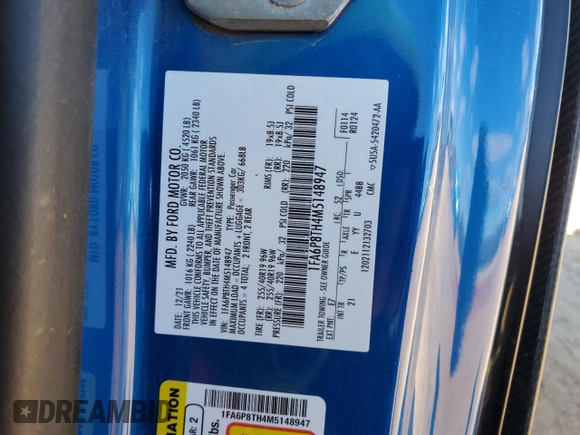 2021 Ford Mustang EcoBoost with VIN 1FA6P8TH4M5148947, listed as a Copart auction lot 48111835 with 44,812 mi miles and Salvage Title. Bid and sale history available at carsss.com. Image 15.