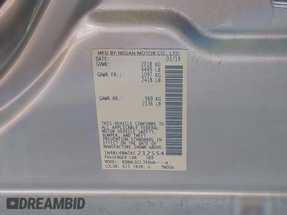 2019 Nissan Altima 2.5 S with VIN 1N4BL4BW5KC212554, listed as a IAAI auction lot 41340107 with 87,165 mi miles. Bid and sale history available at carsss.com. Image 9.