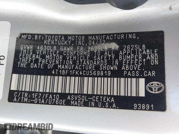 2012 Toyota Camry L with VIN 4T1BF1FK4CU569819, listed as a IAAI auction lot 41960672 with 234,171 mi miles. Bid and sale history available at carsss.com. Image 9.
