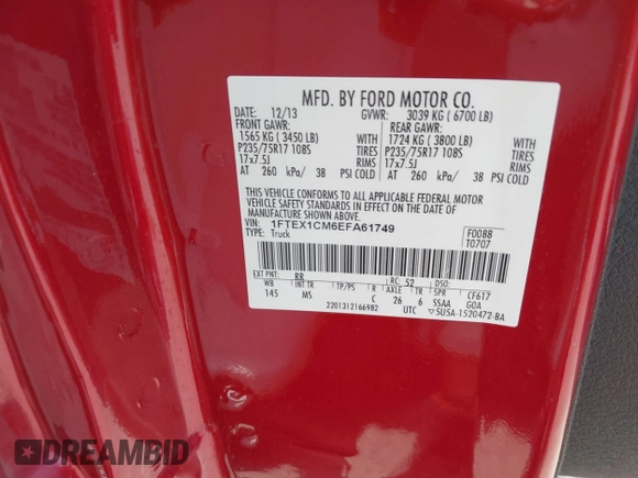 2014 Ford F-150 XL with VIN 1FTEX1CM6EFA61749, listed as a IAAI auction lot 42331252 with 149,090 mi miles and . Bid and sale history available at DreamBid. Image 9.