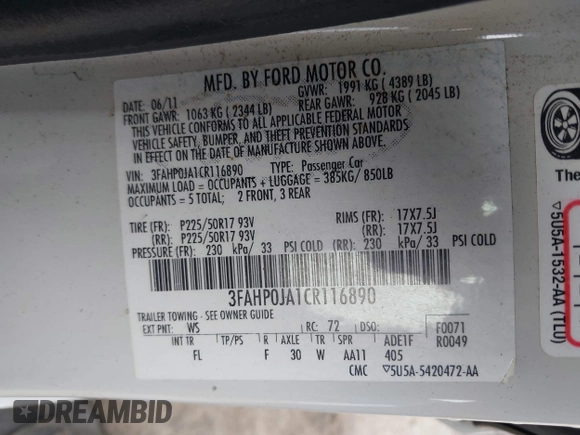 2012 Ford Fusion SEL with VIN 3FAHP0JA1CR116890, listed as a IAAI auction lot 42052907 with 190,266 mi miles. Bid and sale history available at carsss.com. Image 9.