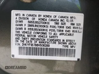 2006 Honda Pilot EX-L with VIN 2HKYF18786H506289, listed as a IAAI auction lot 41507906 with 283,470 mi miles and . Bid and sale history available at DreamBid. Image 9.