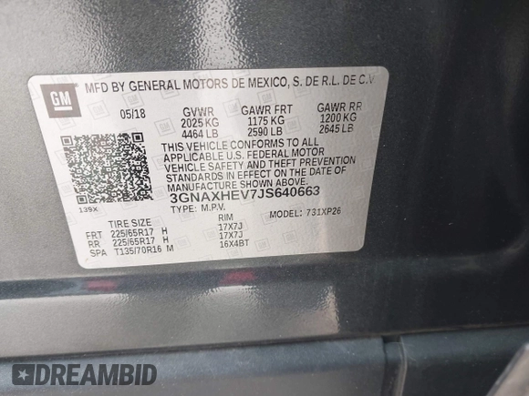 2018 Chevrolet Equinox LS with VIN 3GNAXHEV7JS640663, listed as a IAAI auction lot 41631256 with 141,224 mi miles and . Bid and sale history available at DreamBid. Image 9.