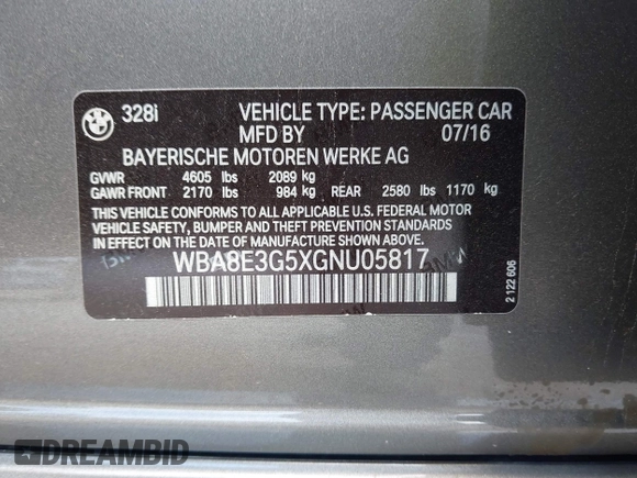 2016 BMW 3 Series 328i xDrive with VIN WBA8E3G5XGNU05817, listed as a IAAI auction lot 41942151 with 115,637 mi miles. Bid and sale history available at carsss.com. Image 9.
