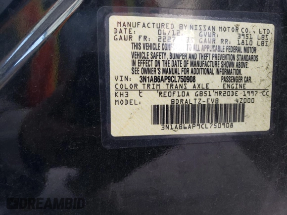 2012 Nissan Sentra S with VIN 3N1AB6AP9CL750908, listed as a Copart auction lot 59382105 with 151,622 mi miles and Salvage title. Bid and sale history available at DreamBid. Image 12.