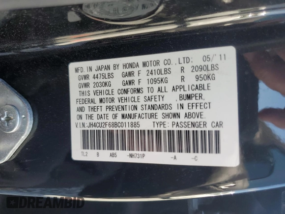 2011 Acura TSX with VIN JH4CU2F68BC011885, listed as a Copart auction lot 53041655 with 176,799 mi miles and Salvage title. Bid and sale history available at DreamBid. Image 13.