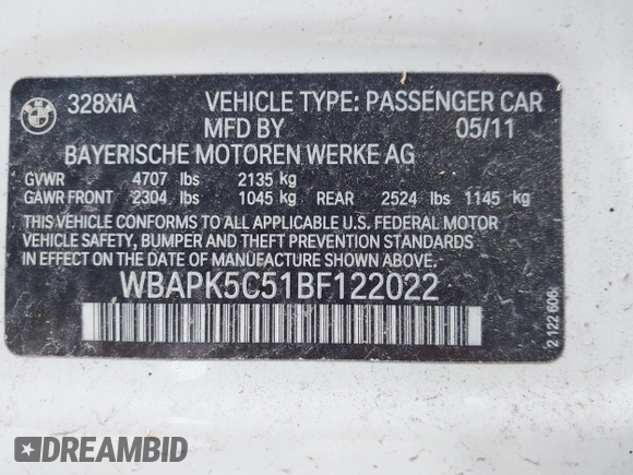 2011 BMW 3 Series 328i xDrive with VIN WBAPK5C51BF122022, listed as a IAAI auction lot 41784529 with Not provided miles and . Bid and sale history available at DreamBid. Image 9.