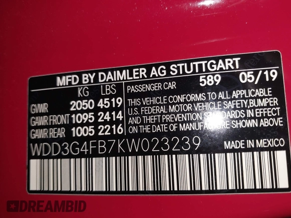 2019 Mercedes-Benz A 220 with VIN WDD3G4FB7KW023239, listed as a IAAI auction lot 41485467 with 52,396 mi miles and . Bid and sale history available at DreamBid. Image 9.