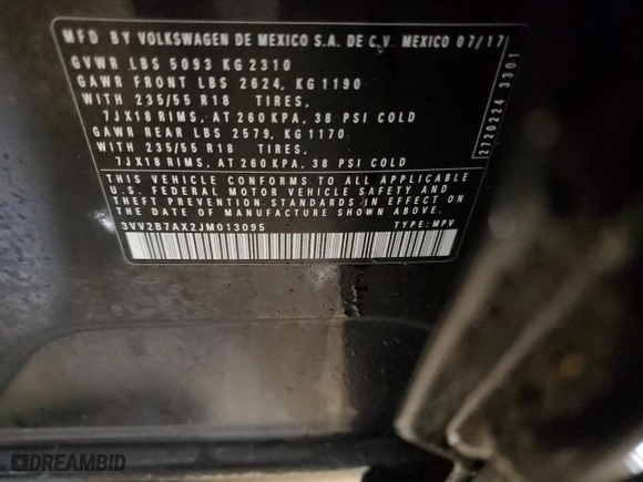2018 Volkswagen Tiguan SEL with VIN 3VV2B7AX2JM013095, listed as a Copart auction lot 47025615 with 66,461 mi miles and Salvage Title. Bid and sale history available at carsss.com. Image 13.