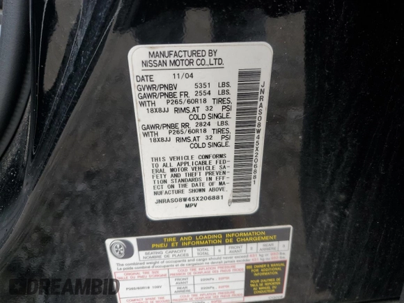 2005 Infiniti FX with VIN JNRAS08W45X206881, listed as a Copart auction lot 58867185 with 121,055 mi miles and Clean title. Bid and sale history available at DreamBid. Image 13.