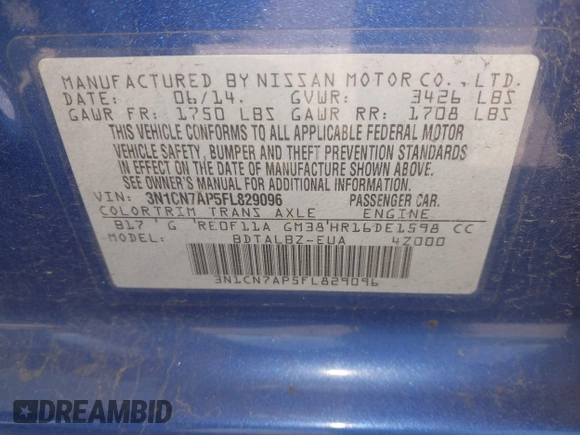 2015 Nissan Versa S Plus with VIN 3N1CN7AP5FL829096, listed as a IAAI auction lot 42036416 with 170,747 mi miles. Bid and sale history available at carsss.com. Image 9.