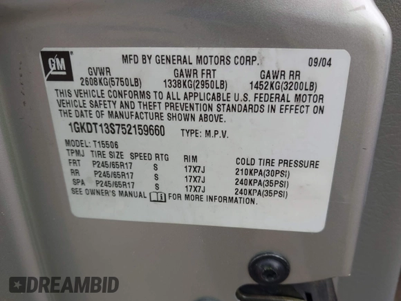 2005 GMC Envoy SLE z VIN 1GKDT13S752159660, wystawiony jako IAAI lot #41996041 z przebiegiem 133 948 mil mil oraz . Historia ofert i sprzedaży dostępna na DreamBid. Obrazek 9.