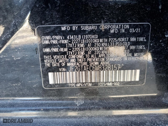 2021 Subaru Crosstrek Premium with VIN JF2GTAEC6M8328157, listed as a Copart auction lot 87887155 with 44,363 mi miles and Salvage Title. Bid and sale history available at carsss.com. Image 14.