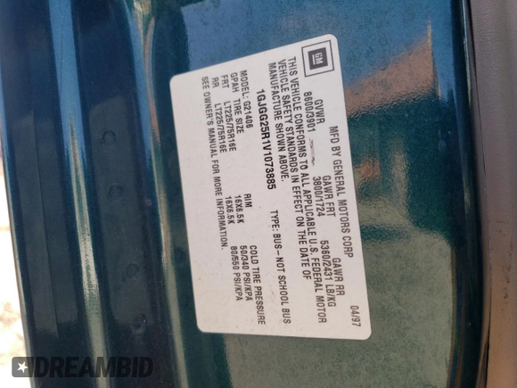 1997 GMC Savana z VIN 1GJGG25R1V1073885, wystawiony jako Copart lot #72458594 z przebiegiem 189 209 mil mil oraz Szkoda całkowita • Salvage title. Historia ofert i sprzedaży dostępna na DreamBid. Obrazek 16.