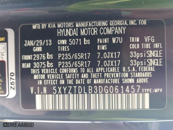 2013 Hyundai Santa Fe Sport with VIN 5XYZTDLB3DG061457, listed as a IAAI auction lot 41796148 with 115,777 mi miles. Bid and sale history available at carsss.com. Image 9.