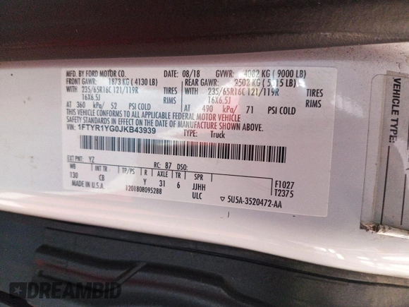 2018 Ford Transit с VIN 1FTYR1YG0JKB43939, выставлен на аукционе IAAI как лот 42788427 с пробегом 95 516 миль миль и . История ставок и продаж доступна на DreamBid. Изображение 23.