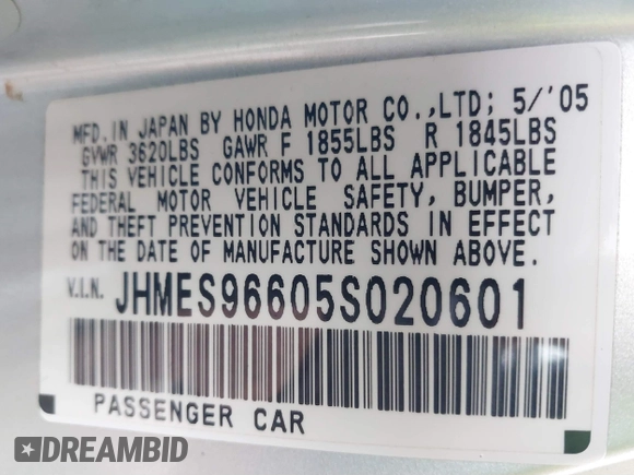 2005 Honda Civic with VIN JHMES96605S020601, listed as a IAAI auction lot 41792929 with 151,178 mi miles and . Bid and sale history available at DreamBid. Image 9.