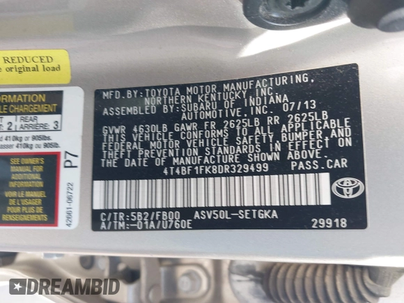2013 Toyota Camry L with VIN 4T4BF1FK8DR329499, listed as a IAAI auction lot 41481652 with 58,315 mi miles. Bid and sale history available at carsss.com. Image 9.