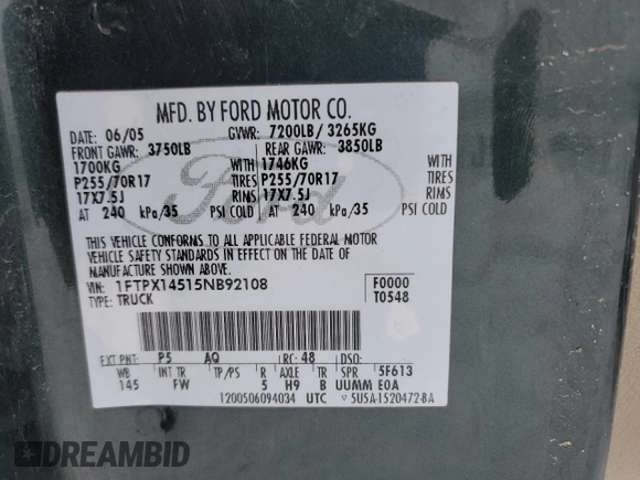 2005 Ford F-150 XLT with VIN 1FTPX14515NB92108, listed as a Copart auction lot 85582914 with 0 mi miles and Salvage Title. Bid and sale history available at carsss.com. Image 12.