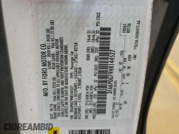 2017 Ford Fusion S with VIN 3FA6P0G79HR144527, listed as a Copart auction lot 53135265 with 128,330 mi miles and Clean Title. Bid and sale history available at carsss.com. Image 12.