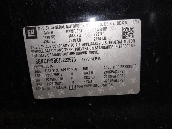 2018 Chevrolet Trax LT with VIN 3GNCJPSB6JL223575, listed as a IAAI auction lot 41986668 with 108,190 mi miles and . Bid and sale history available at carsss.com. Image 9.