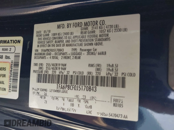 2018 Ford Mustang GT with VIN 1FA6P8CF0J5170843, listed as a IAAI auction lot 41738795 with 69,314 mi miles. Bid and sale history available at carsss.com. Image 9.