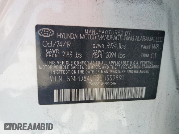 2020 Hyundai Elantra SEL with VIN 5NPD84LF3LH559891, listed as a Copart auction lot 53544515 with 69,637 mi miles and Salvage Title. Bid and sale history available at DreamBid. Image 13.