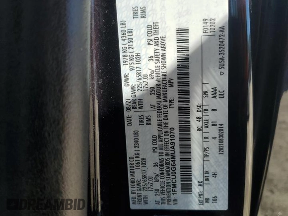 2021 Ford Escape SE with VIN 1FMCU0G64MUA91070, listed as a Copart auction lot 49960405 with 89,768 mi miles and Salvage Title. Bid and sale history available at carsss.com. Image 15.