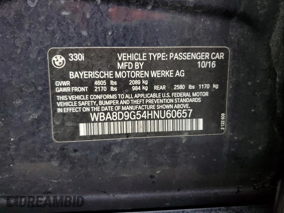 2017 BMW 3 Series 330i xDrive with VIN WBA8D9G54HNU60657, listed as a Copart auction lot 47640355 with 107,187 mi miles and Salvage Title. Bid and sale history available at carsss.com. Image 14.
