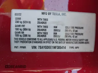 2022 Tesla Model Y Long Range z VIN 7SAYGDEE1NF385414, wystawiony jako IAAI lot #41660542 z przebiegiem 54 075 mil mil oraz . Historia ofert i sprzedaży dostępna na DreamBid. Obrazek 9.