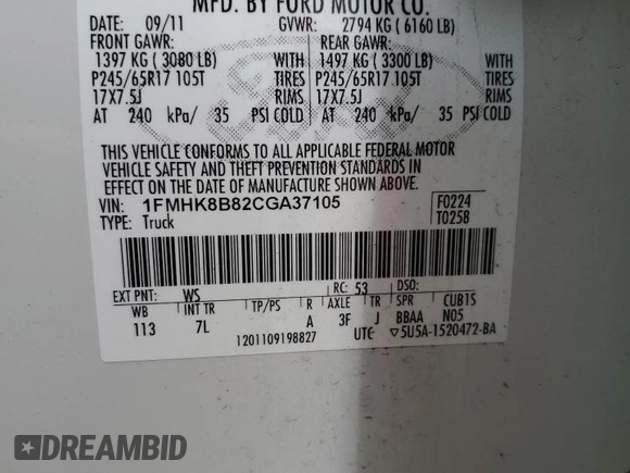 2012 Ford Explorer z VIN 1FMHK8B82CGA37105, wystawiony jako Copart lot #43415835 z przebiegiem Nie podano mil oraz Szkoda całkowita • Salvage title. Historia ofert i sprzedaży dostępna na DreamBid. Obrazek 14.
