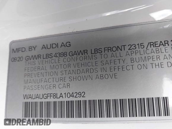 2020 Audi A3 Premium z VIN WAUAUGFF8LA104292, wystawiony jako IAAI lot #37879554 z przebiegiem 28 202 mil mil oraz . Historia ofert i sprzedaży dostępna na DreamBid. Obrazek 9.
