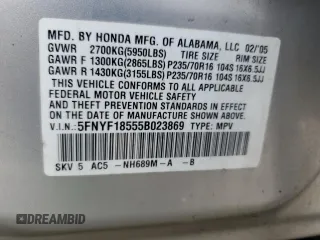 2005 Honda Pilot EX-L with VIN 5FNYF18555B023869, listed as a Copart auction lot 61738505 with 257,121 mi miles and Clean title. Bid and sale history available at DreamBid. Image 13.