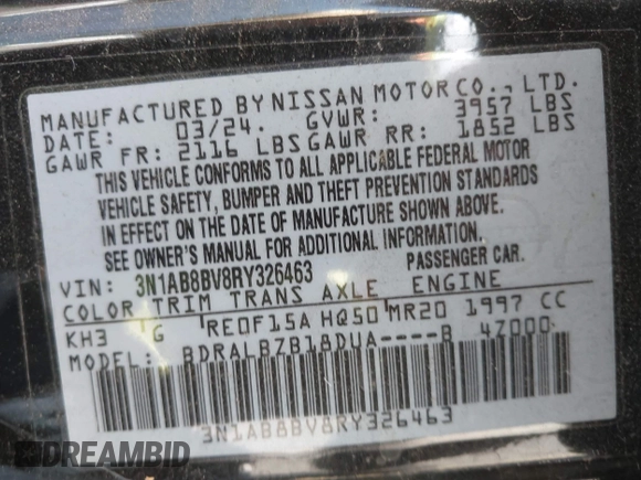 2024 Nissan Sentra S with VIN 3N1AB8BV8RY326463, listed as a IAAI auction lot 41993870 with 3,870 mi miles. Bid and sale history available at carsss.com. Image 9.