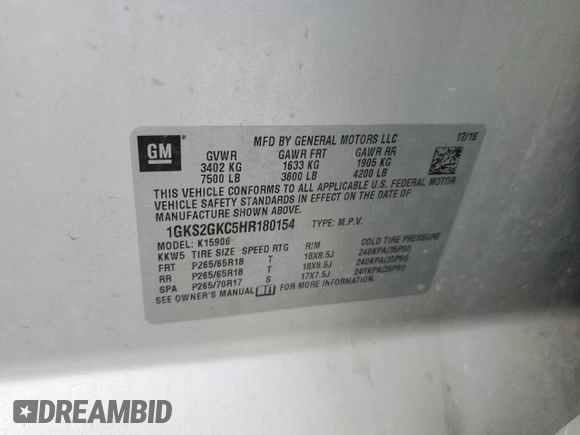 2017 GMC Yukon XL SLT with VIN 1GKS2GKC5HR180154, listed as a Copart auction lot 68925734 with Not Provided miles and Salvage Title. Bid and sale history available at carsss.com. Image 15.
