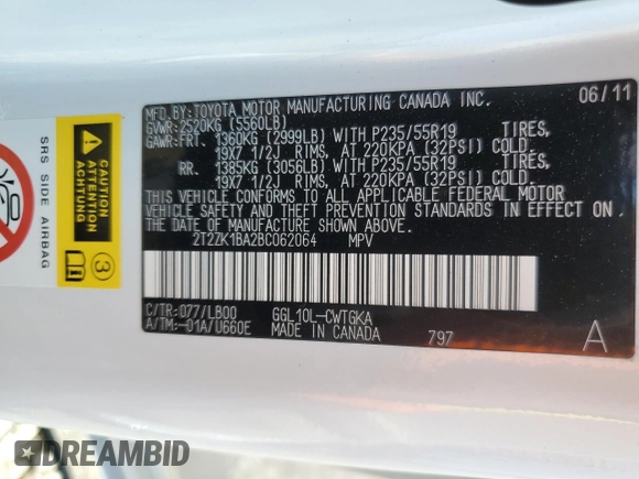 2011 Lexus RX 350 with VIN 2T2ZK1BA2BC062064, listed as a Copart auction lot 53450035 with 75,075 mi miles and Salvage Title. Bid and sale history available at DreamBid. Image 13.