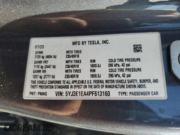 2023 Tesla Model 3 with VIN 5YJ3E1EA4PF613160, listed as a Copart auction lot 62008045 with 23,575 mi miles and Clean title. Bid and sale history available at DreamBid. Image 12.