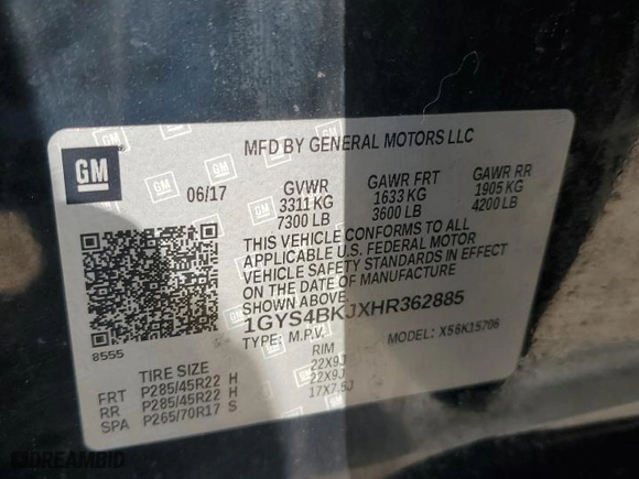2017 Cadillac Escalade Luxury with VIN 1GYS4BKJXHR362885, listed as a Copart auction lot 43712215 with 178,043 mi miles and Clean Title. Bid and sale history available at carsss.com. Image 13.