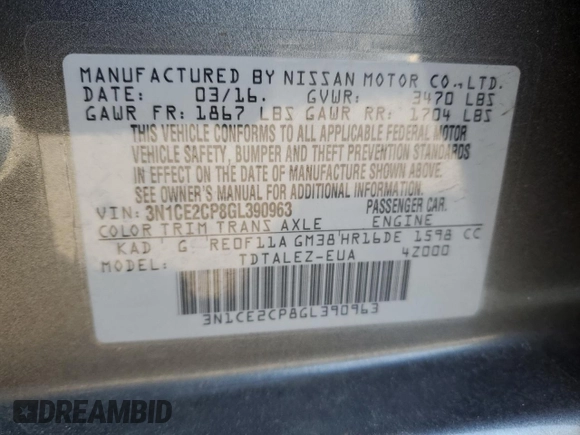 2016 Nissan Note S with VIN 3N1CE2CP8GL390963, listed as a Copart auction lot 89125905 with Not Provided miles and Non Repairable. Bid and sale history available at DreamBid. Image 13.
