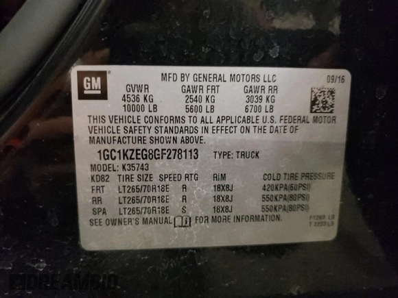 2016 Chevrolet Silverado 3500HD LT with VIN 1GC1KZEG8GF278113, listed as a Copart auction lot 42744415 with 160,585 mi miles and Salvage Title. Bid and sale history available at carsss.com. Image 12.