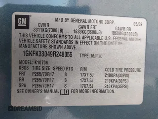 2009 GMC Yukon SLT 4SB with VIN 1GKFK33049R248055, listed as a IAAI auction lot 40756058 with 163,477 mi miles and . Bid and sale history available at DreamBid. Image 9.