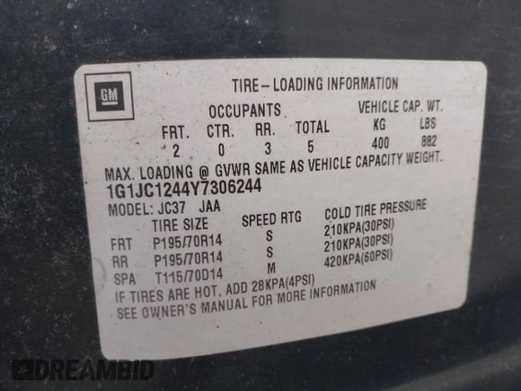 2000 Chevrolet Cavalier with VIN 1G1JC1244Y7306244, listed as a IAAI auction lot 42021560 with 133,803 mi miles. Bid and sale history available at carsss.com. Image 9.