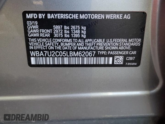 2020 BMW 7 Series 750i xDrive with VIN WBA7U2C05LBM62067, listed as a Copart auction lot 74940983 with 10,654 mi miles. Bid and sale history available at carsss.com. Image 12.