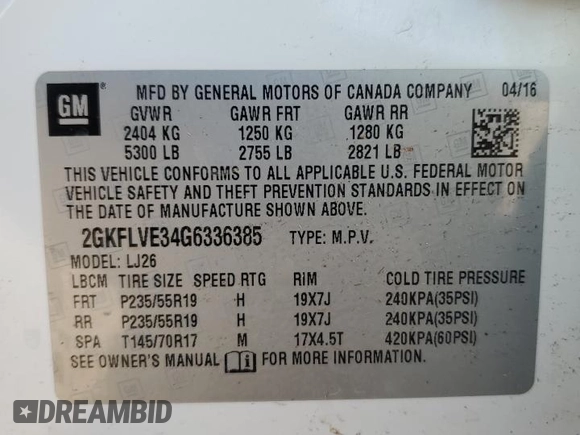2016 GMC Terrain Denali with VIN 2GKFLVE34G6336385, listed as a Copart auction lot 55853815 with Not provided miles and Salvage title. Bid and sale history available at DreamBid. Image 13.